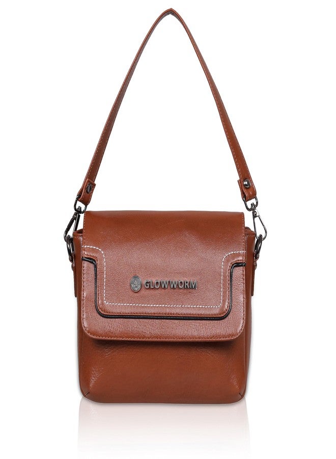 GLOWWORM Genuine Leather Sling Bag for Women || Stylish Shoulder Purse with Adjustable Strap - Compact Crossbody Handbag for Daily Use & Outings (Tan) - Image 1